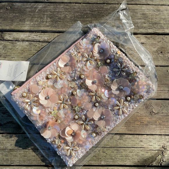 Asos 3D Floral Clutch Bag Softshell Beaded Sequins Pink NWT Bridal Wedding - Picture 1 of 5
